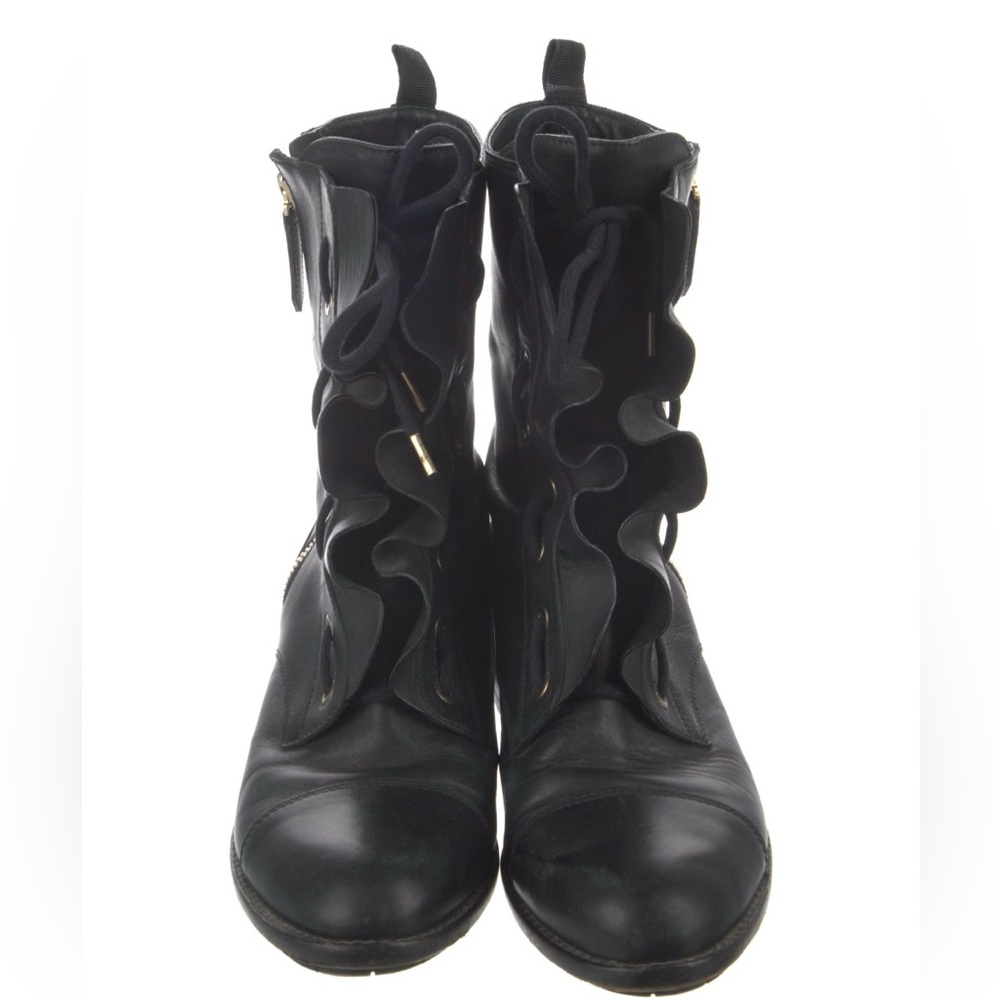 Valentino Black Ruffled Leather LaceUp Biker Combat Boots Gold Hardware US10/I40 - Picture 6 of 16